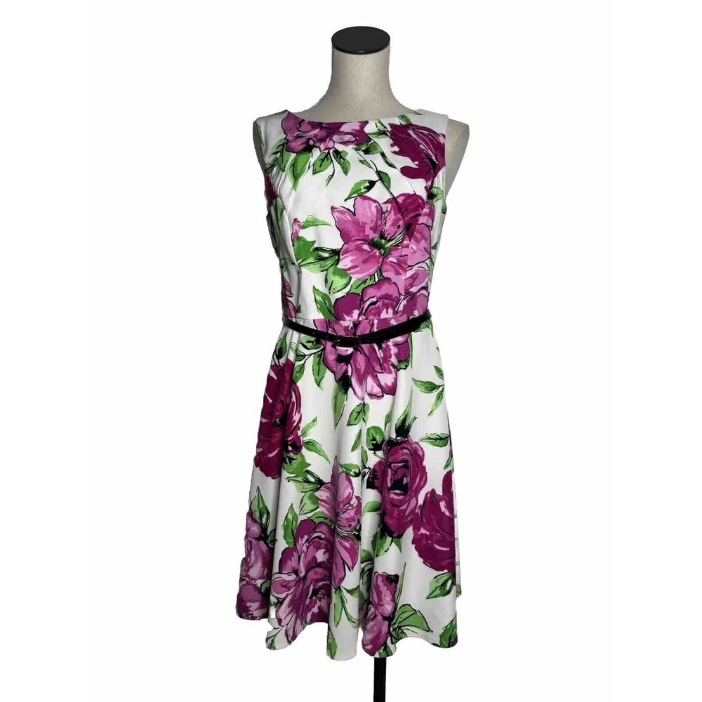 AGB Fuchsia Floral Sleeveless Dress Pleated Front Belted Size 10